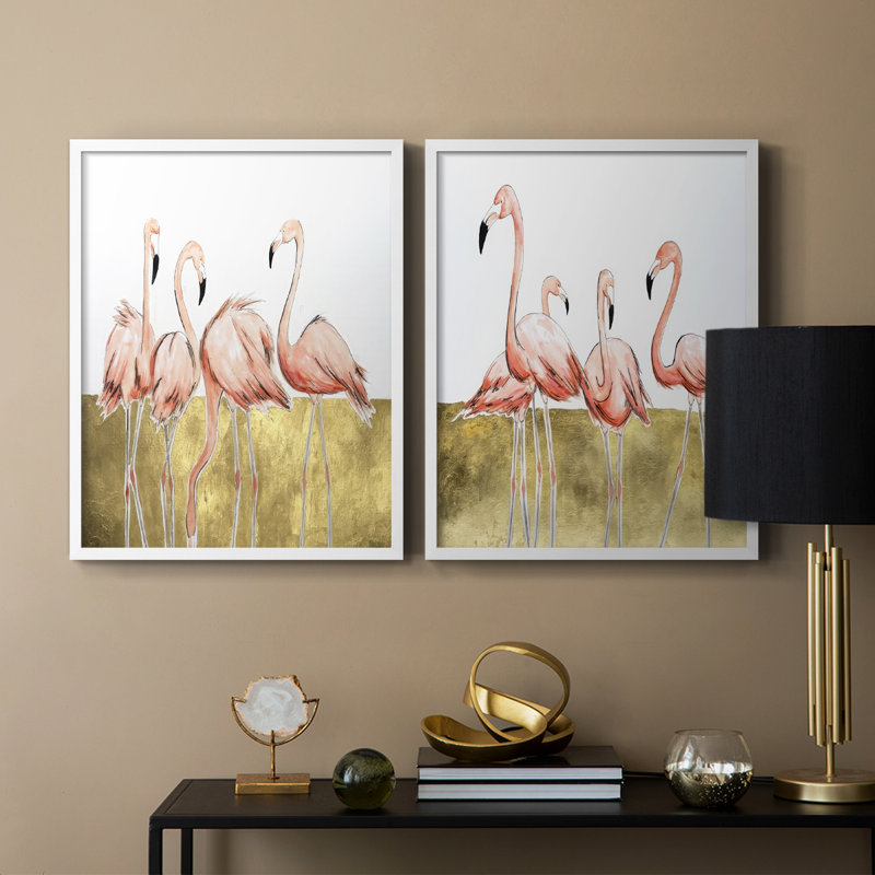 «Flamingo Flock I», reproduction encadrée de qualité supérieure - prête à être accrochée - aucun clou requis - aucun clou requis