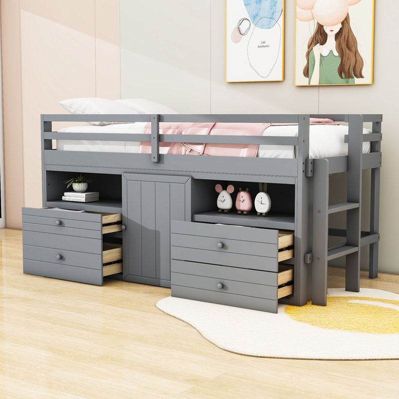 Jayneen Twin Size Wood Loft Bed With 4 Drawers And Shelves,Ladder, Gray