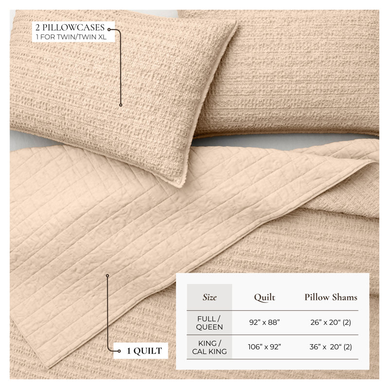 100% Cotton Garment Washed Honeycomb Waffle Quilt and Sham Set, King Quilt + 2 King Shams, Cappuccino