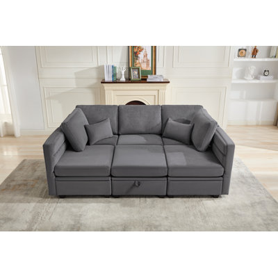 Calkins 6 Piece Modular Sofa Sleeper Couch Bed With Storage Seats & Adjustable Back