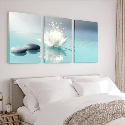 Fleur de lotus blanc et pierres zen, reproduction d'art sur toile tendue sur toile, ensemble de 3 pour le salon, la chambre et le spa