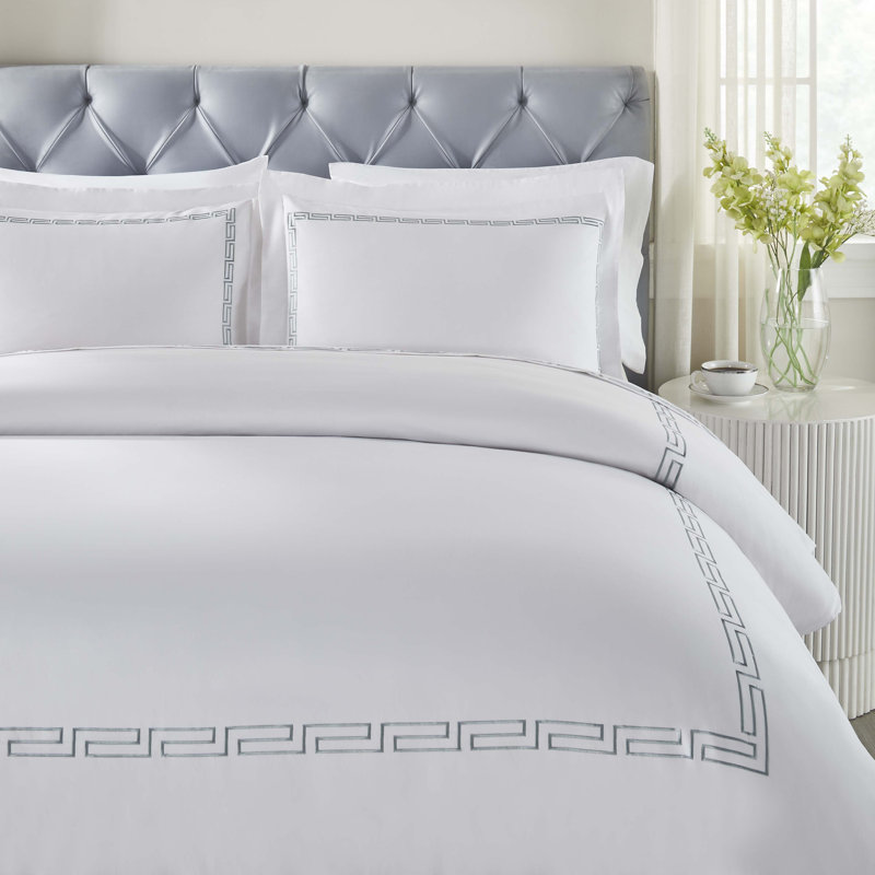 White-Silver Greek Key Embroidered Cotton Duvet Cover Set