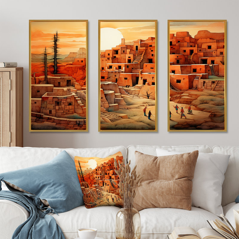 Paysage urbain amérindien - ensemble d'art mural amérindien, Cadre flottant doré, H 32 po x l 48 po x P 1 po