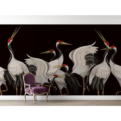 Dramatic Black Japanese Crane Wallpaper Wall Mural