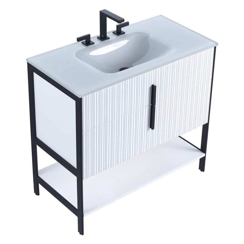 Meuble-lavabo simple avec plateau en verre Millisa, Blanc mat, Laiton satiné, 30"