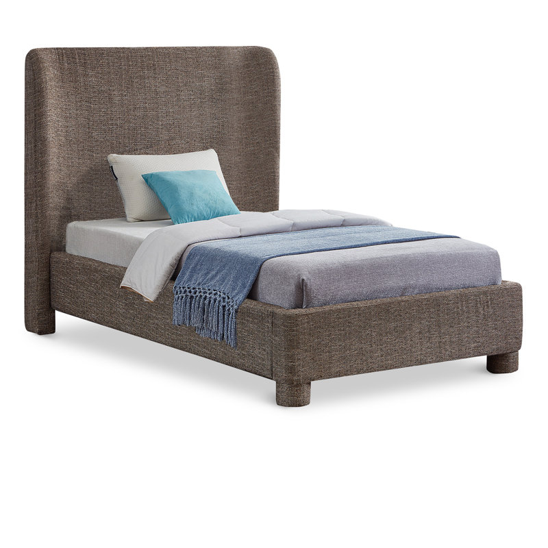 Kiria Upholstered Wingback Bed, Brown Linen Textured Fabric, Twin