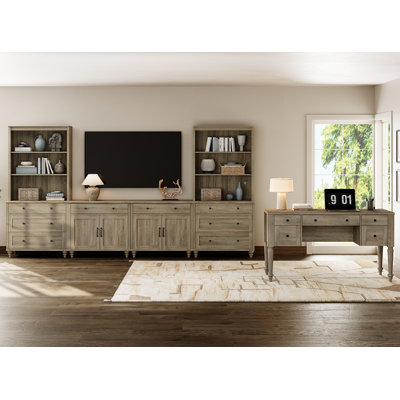 Ensemble de table de salon avec bureau de 56 po avec tiroirs, meuble télé 75 po avec étagères, meuble télé 8 tiroirs, bureau avec 5 tiroirs classeurs pour bureau personnel et salle d'étude, gris délavé