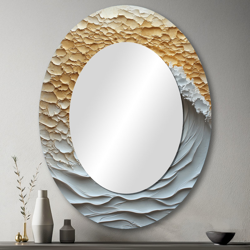 Beige And Whitee Sunrise Abstract Waves I - Gold Modern Oval Wall Mirror, 43" x 33"