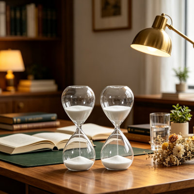 Lot de 2 sabliers en verre de 60 minutes, sable blanc, décor moderne