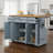 Gray Blue Kitchen Island With Textured Rubber Wood Folding Countertop, 4-Wheel Rolling Cart, 4 Doors, 3 Drawers, Storage Function, For Kitchen And Dining Room
