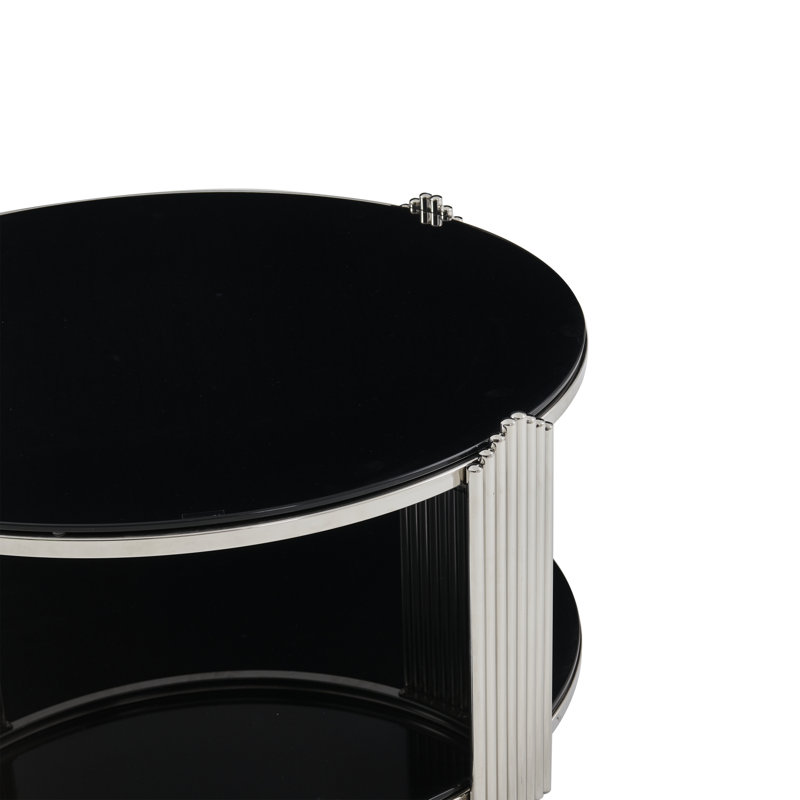 Table basse moderne à deux niveaux avec plateau en verre trempé et structure en acier inoxydable, Argent / noir