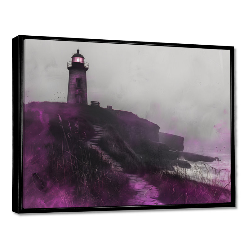 Mauve et gris, phare brumeux, rocher I - phares, art mural, Cadre flottant doré, H 28 po x l 60 po