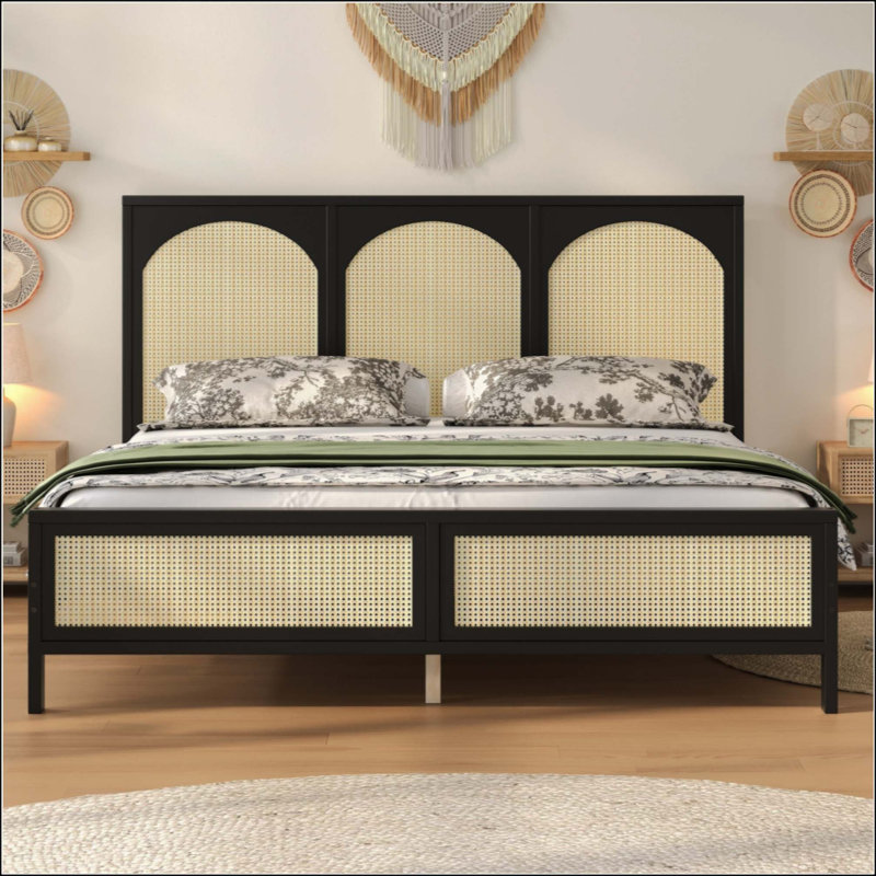 Lit plateforme en bois avec tête et pied de lit en rotin, Grand lit, Noir