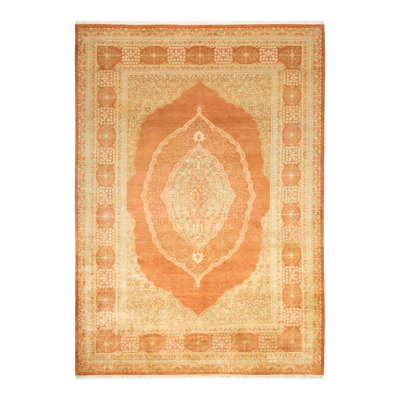 Tapis orange / beige en laine noué à la main de conception unique 6 pi 2 po x 8 pi 9 po Deilkes Mogul