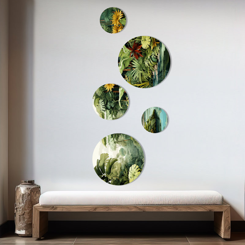 «Rainforest Jungle Plants Landscape 2 - Jungle», ensemble d'art mural rond de 5