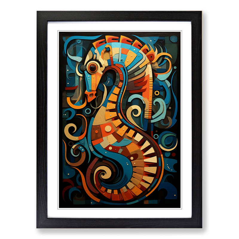 Seahorse Constructivism - Single Picture Frame Print on Wood, Black, 46cm H x 34cm W x 2cm D