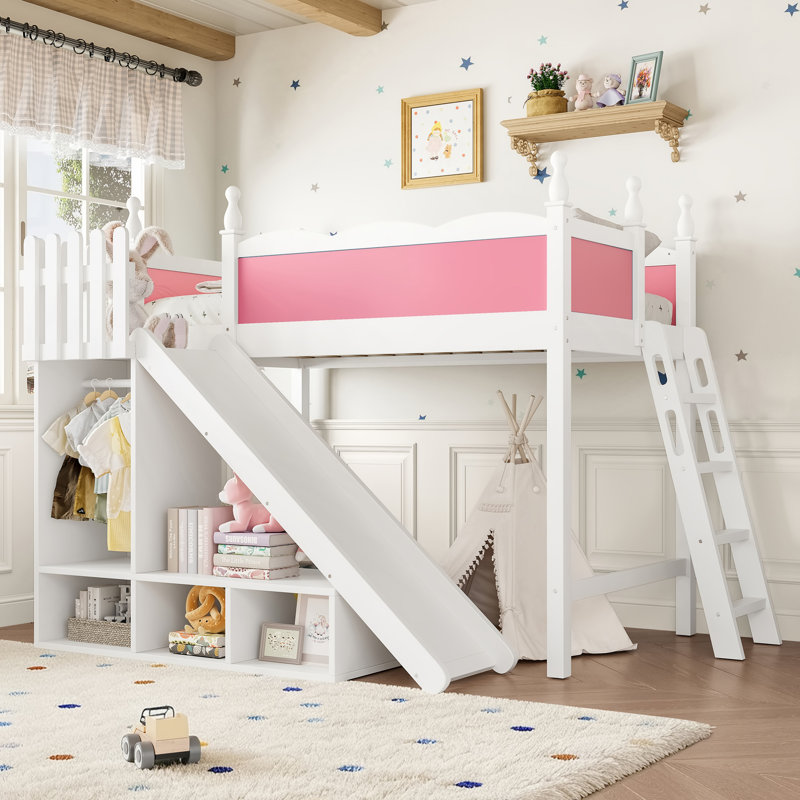 Full Loft Bed with Storage Shelves and Wardrobe, Solid Wood Loft Beds with Detachable Slide and Ladders, No Spring Box Needed, Pink and White