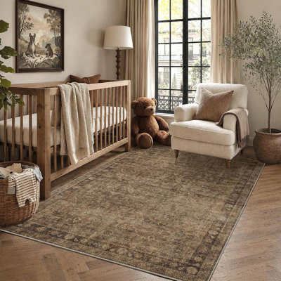Vintage Washable Area Rug - Non Slip Soft Low Pile Carpet