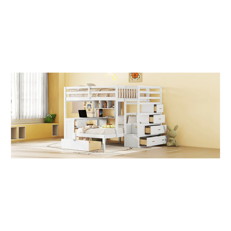 Lit superposé double au-dessus de simple avec bureau, tiroirs et tablettes, blanc