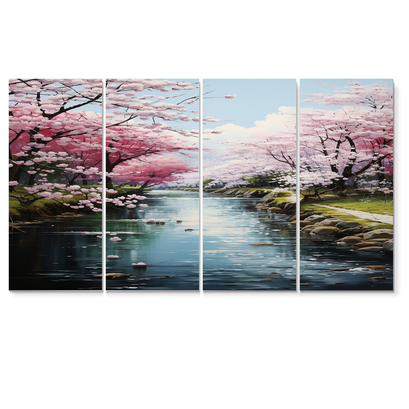 «Cherry Blossom Spring River - River», ensemble de 4 décorations murales, H 32 po x l 64 po