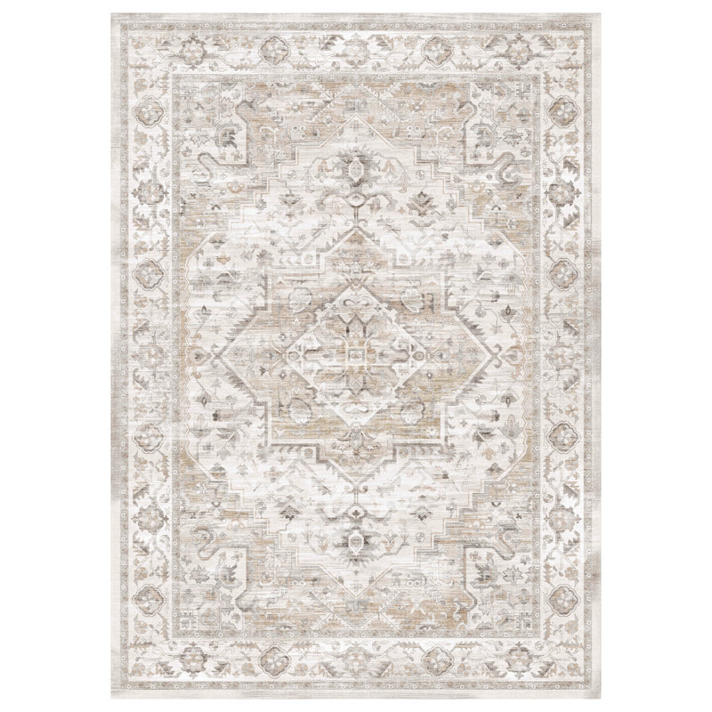 Soft Machine Washable Beige Floral Area Rug, Rectangle 5' x 7'