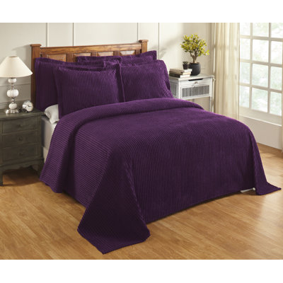 Couvre-lit touffeté en chenille 100% coton Jullian, motif à rayures classique, couvre-lit doux et respirant, lavable à la machine toutes saisons, certifié OEKO-TEX, taille double / grand, prune