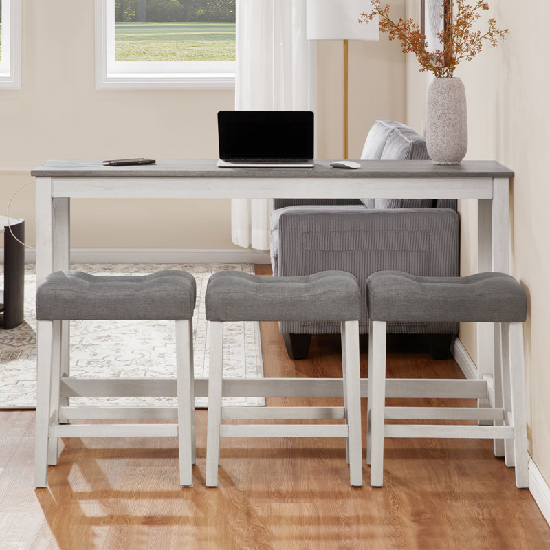 4 Piece Bar Table Set With Power Outlet And 3 Padded Stools, Gray/White