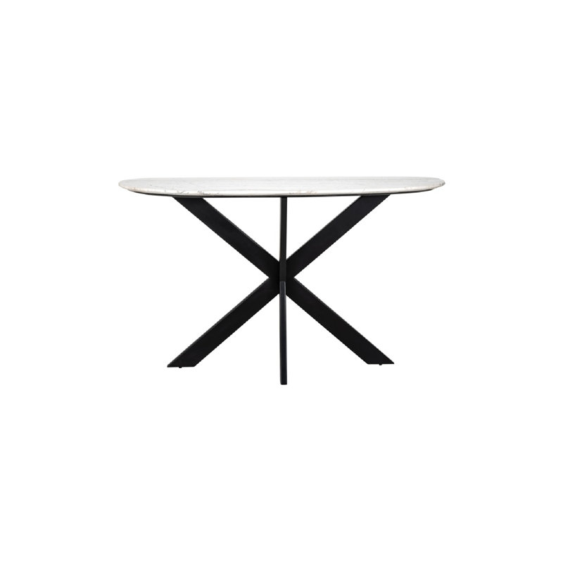 White Marble and Black Iron Cross Leg Console Table