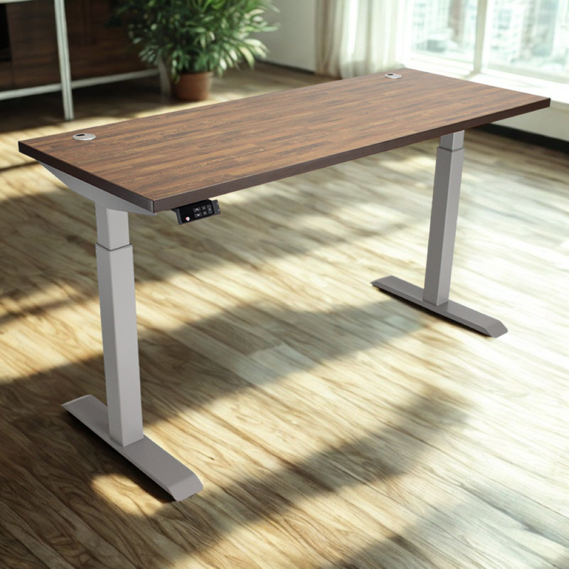 Skyscraper Electric Height Adjustable Standing Desk, Dual Motor and Digital Control with Memory, 60x24, Walnut Block Top with Brushed Silver Frame
