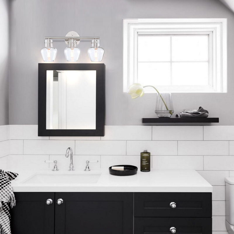 Éclairage pour salle de bain 3 lumières avec abat-jour en verre transparent, Nickel brossé