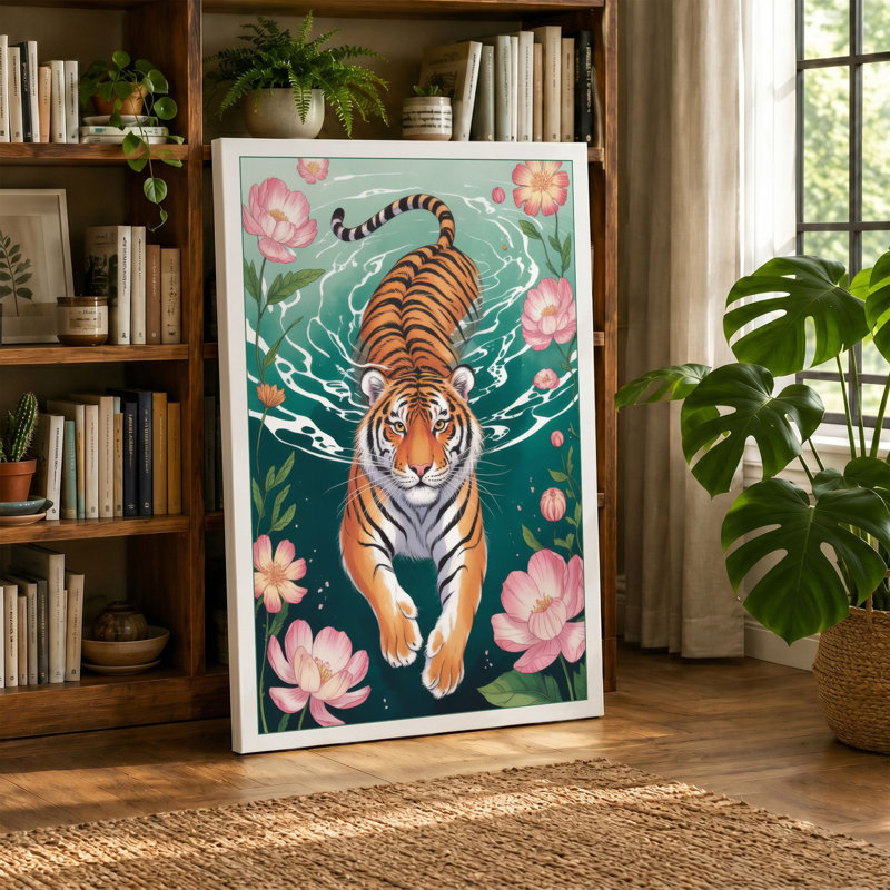 Tiger in Turquoise Waters Boho - Wrapped Canvas, 18x12 - 45.7 x 30.5 cm, White Border