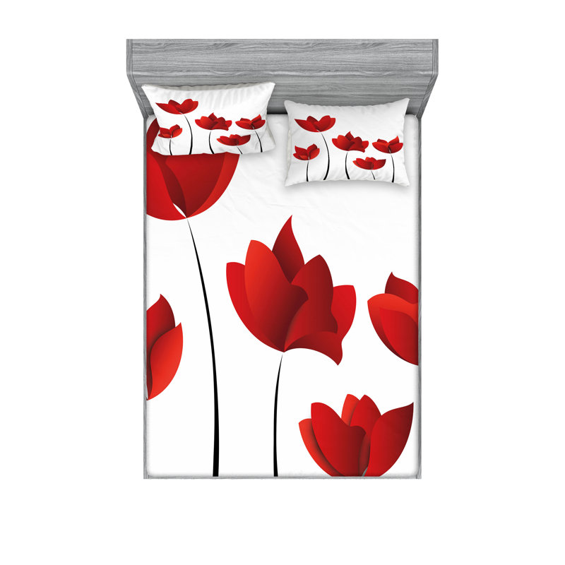 Drap-housse et coussin décoratif à motif floral Ambesonne, vermillon et blanc