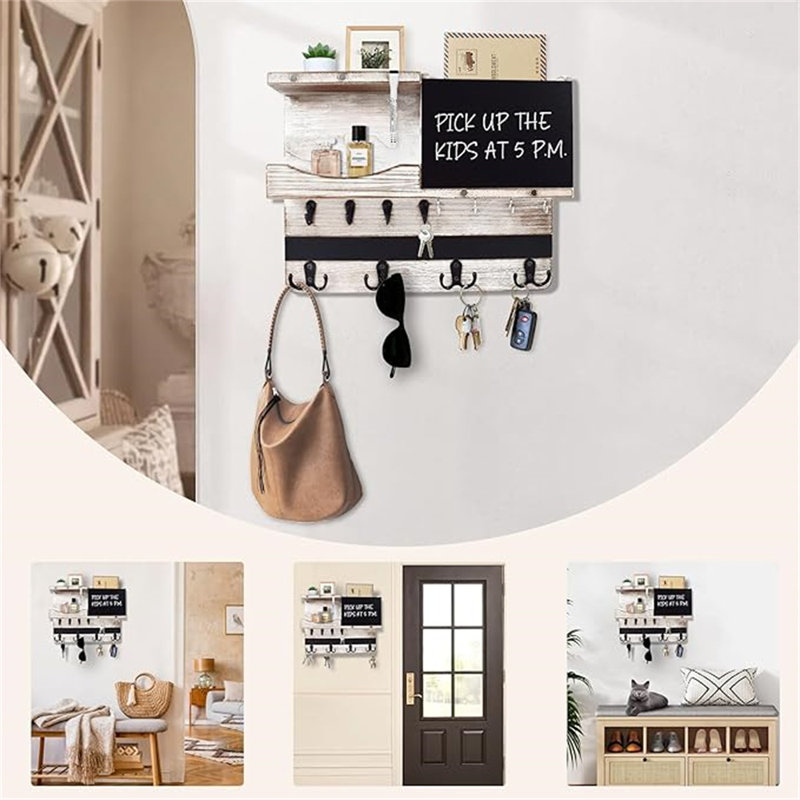 White Washed Pine Wood and Metal Wall Mounted Key and Mail Holder