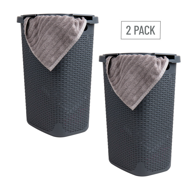  60L Slim Laundry Hamper, Clothes Basket, Lid, Wicker Style, Plastic, Gray