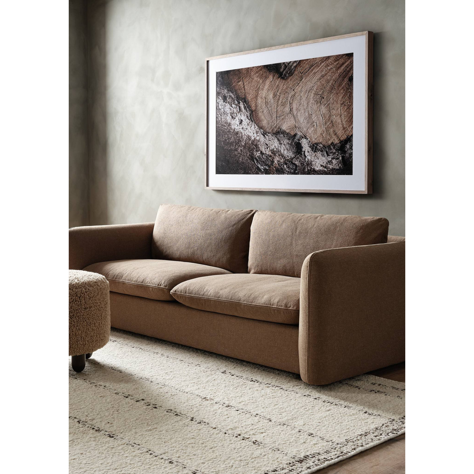 Risco 23" Round Shearling Footstool Ottoman, Andes Toast Sherpa, Burnt Birch
