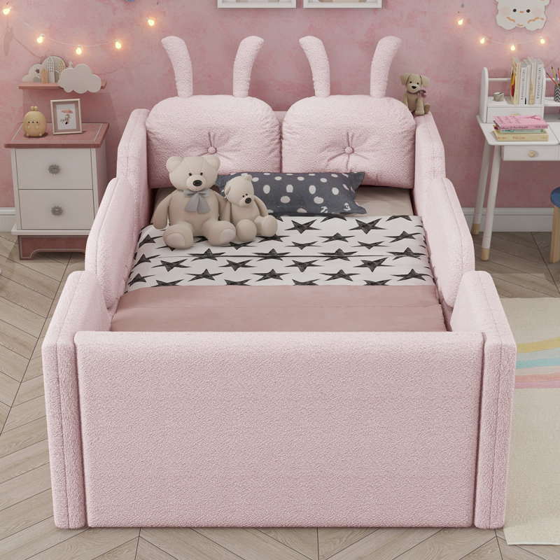 Upholstered Platform Bed with Rabbit Cushion, Blue