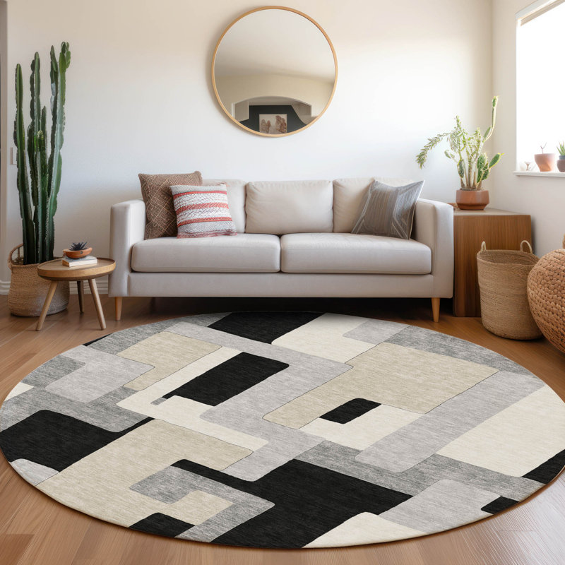 Premium Machine Washable Prisco Black Rug, Round 8'