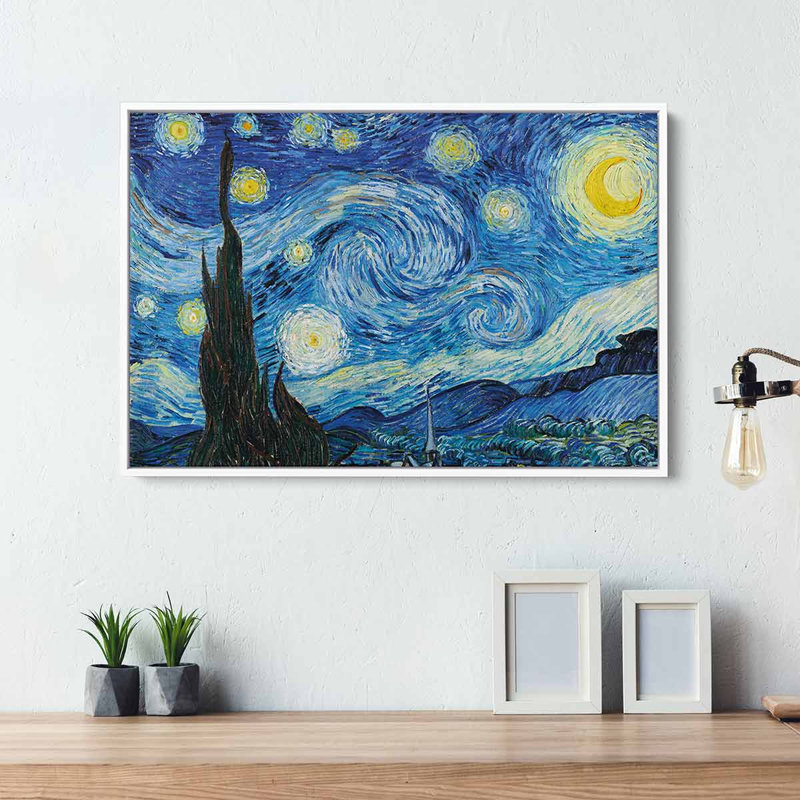 «Bowline Blue Starry Night» par Vincent Van Gogh, reproduction sur toile, Cadre flottant blanc, H 20 po x l 30 po