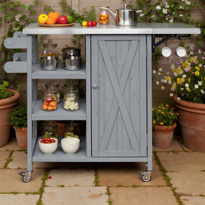 Foldable Outdoor Kitchen Island Cart with Lockable Wheels, Storage Cabinet & Towel Rack