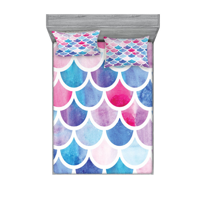 Ambesonne Fish Scale Fitted Sheet & Pillow Sham  Set,  Multicolor, Full Sheet Set with 4 Pillowcases