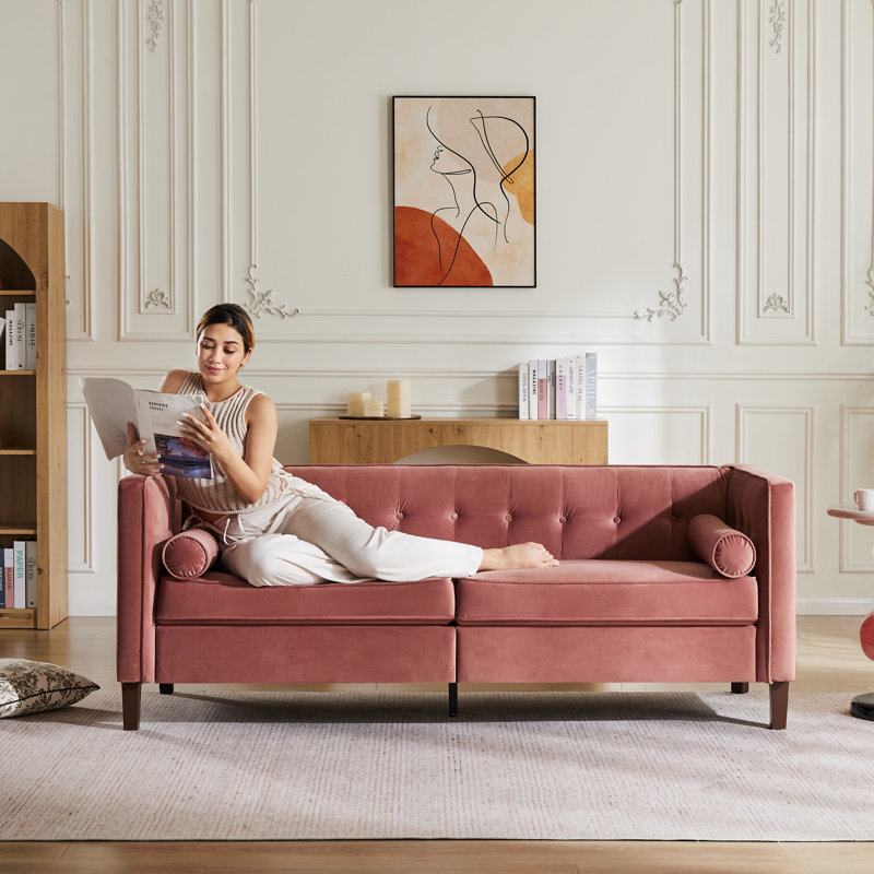 78''  Wide Velvet Tufted Square Arm Sofa, Pink Velvet