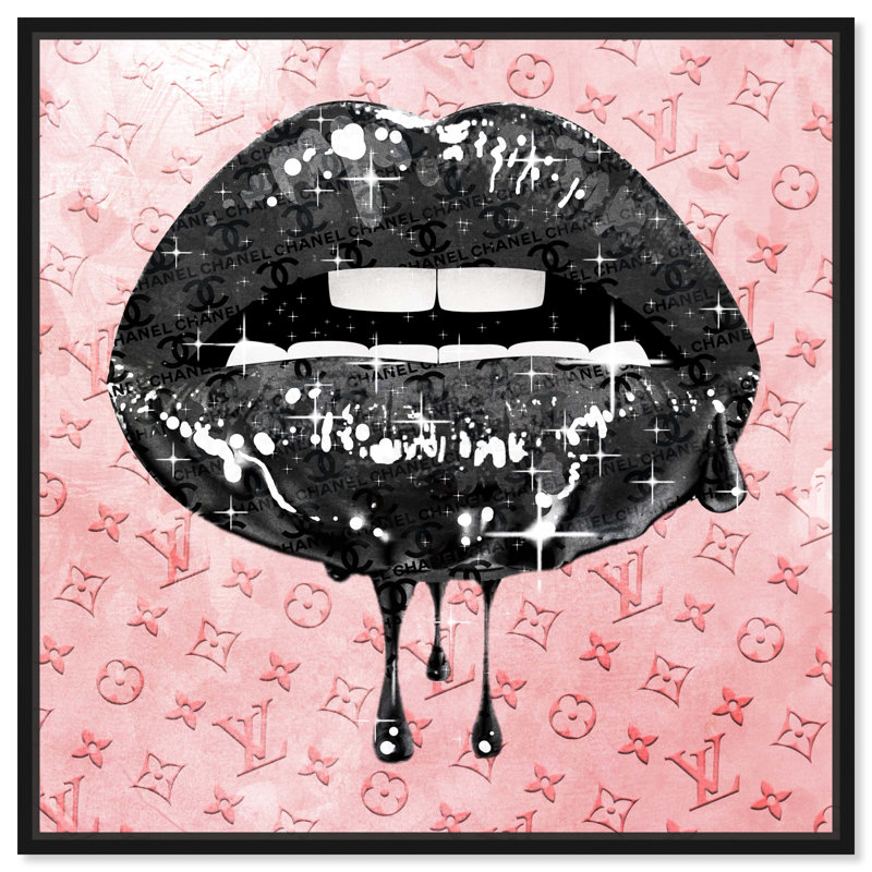 Fashion and Glam Noir and Blush Lips - impression d'art graphique, H 24 po x l 24 po x 1,5 po, Toile avec cadre noir