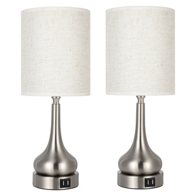 Deux ensembles de lampe de table gourde avec base en nickel sable et abat-jour en lin 2USB