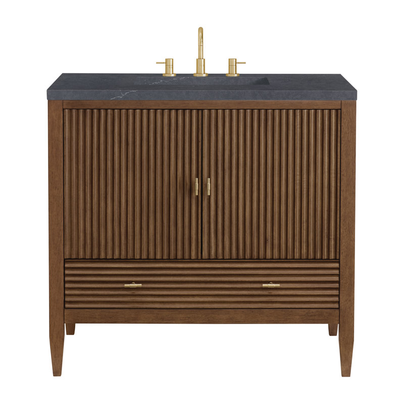 Myrrin 36'' W Single Vanity, Mid-Century Walnut, Charcoal Soapstone, 8" Widespread