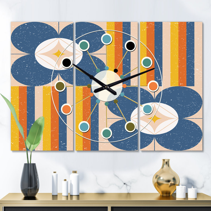 Horloge murale rétro surdimensionnée florale Mid-Century