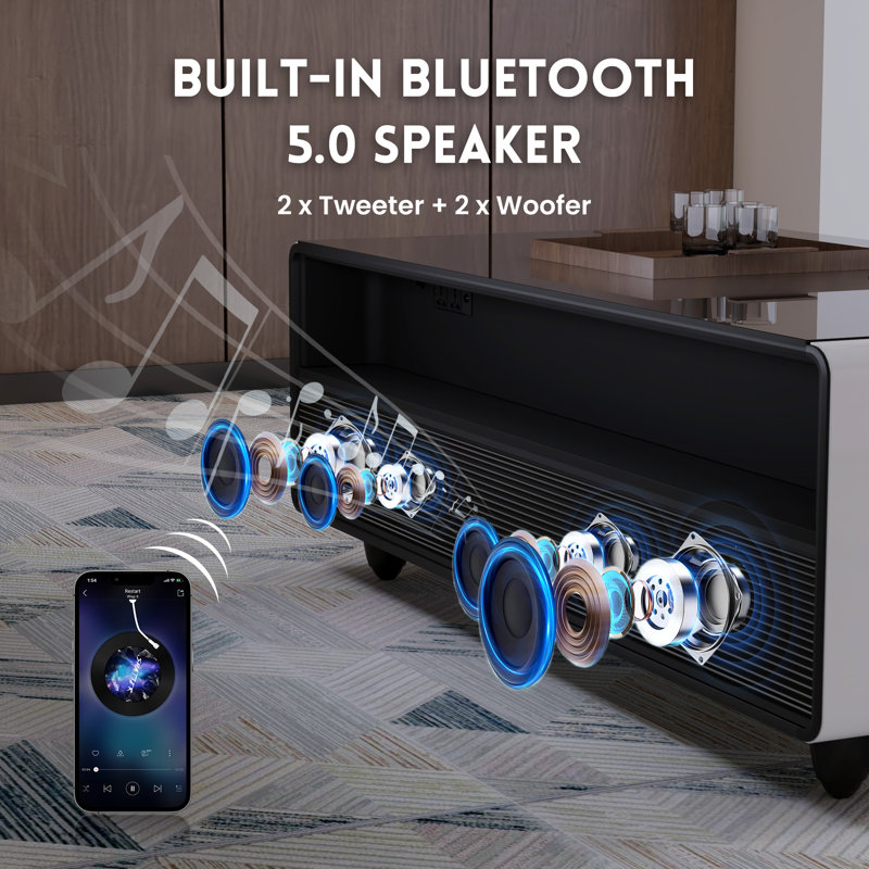 Smart Coffee Table With 135L Fridge,Wireless Charging And Bluetooth Speaker, White