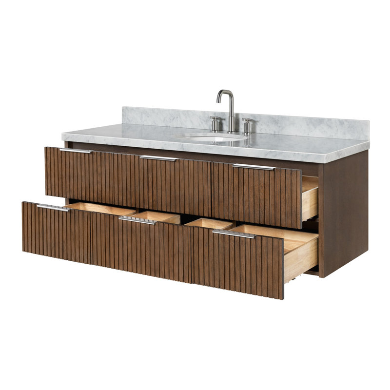 Meuble-lavabo mural ovale simple 61 po avec comptoir en marbre blanc de Carrare de 1,5 po Mulloy, Ovale, Chêne brun