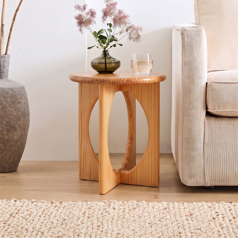 Table de bout ronde en bois de pin - Table d'appoint géométrique moderne à pieds croisés, durable et écologique pour une utilisation intérieure et extérieure