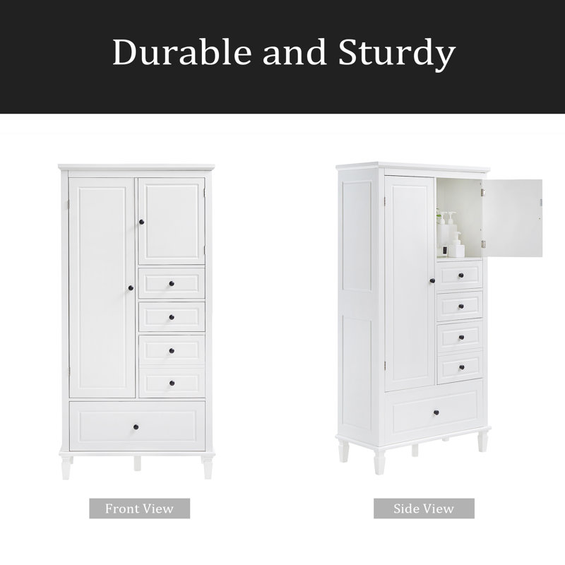 Armoire de rangement haute et large avec portes pour salle de bain / bureau / salon / intérieur, quatre tiroirs de différentes tailles, tablettes réglables, blanc