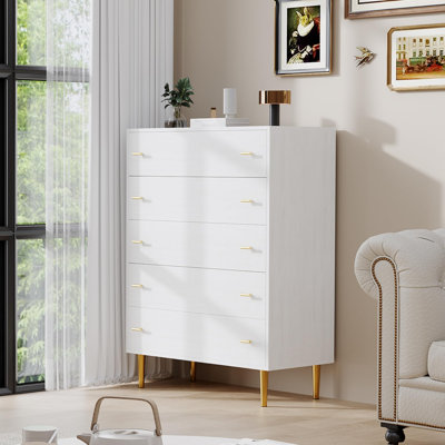 Grande commode rustique blanche à 5 tiroirs de 44 pouces avec poignées de bar, organisateur de commode en bois rétro pour la chambre à coucher, le salon ou le couloir